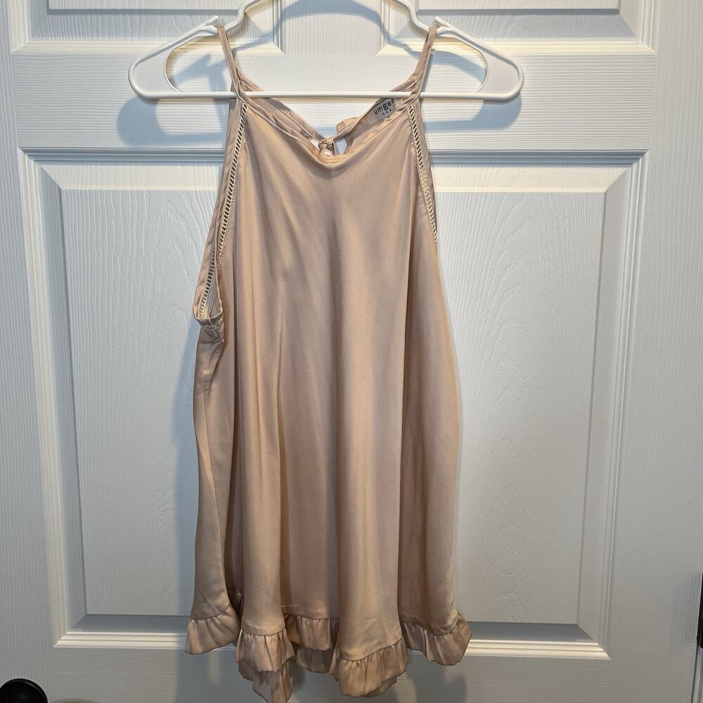 UMGEE Satin Medium Lace Trim Back Tie Ruffle Tan/Cream Top